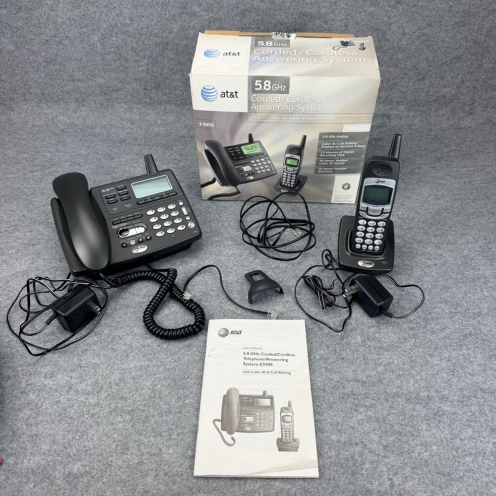 AT&T E5908 5.8GHz Corded Cordless Phone Answering System Handset Box Tested